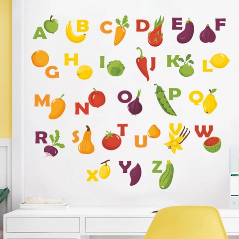 Adesivo da Parete Lettere Alfabeto Inglese Cartone Animato Frutta Verdura per Camera Bambini Educativo PVC Autoadesivo Decalcomania Decorazione