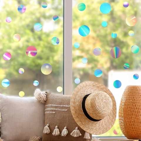 Holographic PET PVC Circle Wall Stickers Rainbow Reflective Mirror Window Decal DIY Round Dot Combination Home Decoration