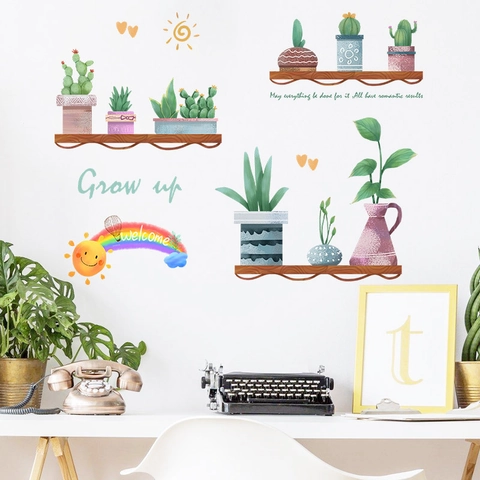 Cartoon Rainbow Cactus Potted Plants Wall Sticker PVC Self Adhesive Succulent Mural For Living Room Bedroom Home Wall Decor