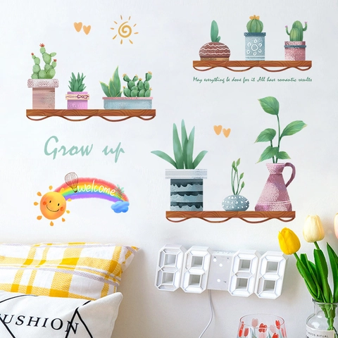 Cartoon Rainbow Cactus Potted Plants Wall Sticker PVC Self Adhesive Succulent Mural For Living Room Bedroom Home Wall Decor