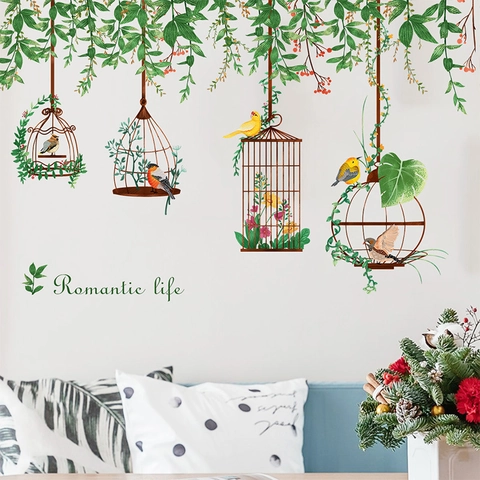 Pastoral Birdcage Green Vines Wall Stickers Removable PVC Birds Plant Wall Decal Romantic Life For Living Room Home Decor