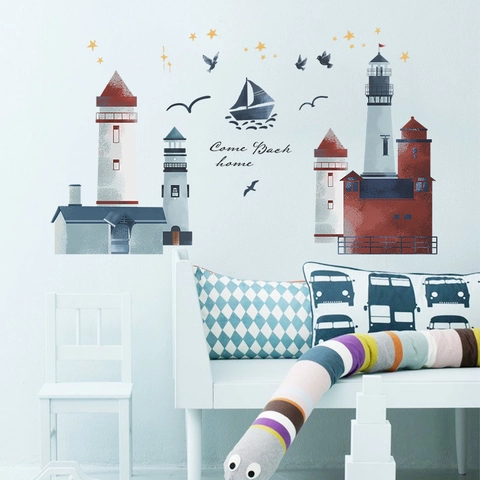 Cartoon Leuchtturm Möwe Wandaufkleber PVC Selbstklebend DIY Nautische Segelboot Sterne Dekor Für Kinderzimmer Schlafzimmer