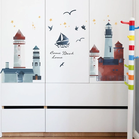 Cartoon Leuchtturm Möwe Wandaufkleber PVC Selbstklebend DIY Nautische Segelboot Sterne Dekor Für Kinderzimmer Schlafzimmer