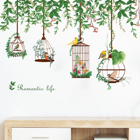 Pastoral Birdcage Green Vines Wall Stickers Removable PVC Birds Plant Wall Decal Romantic Life For Living Room Home Decor