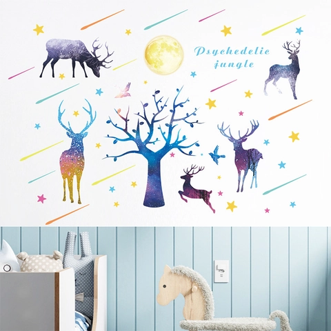 Psychedelic Starry Forest Elk Wall Stickers PVC Nordic Meteor Shower Mural For Kids Room Living Room Bedroom Home Decor