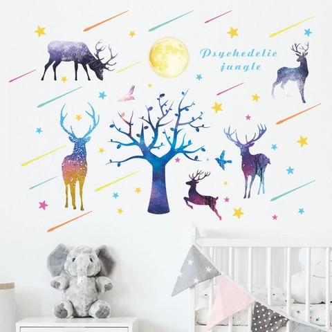 Psychedelic Starry Forest Elk Wall Stickers PVC Nordic Meteor Shower Mural For Kids Room Living Room Bedroom Home Decor
