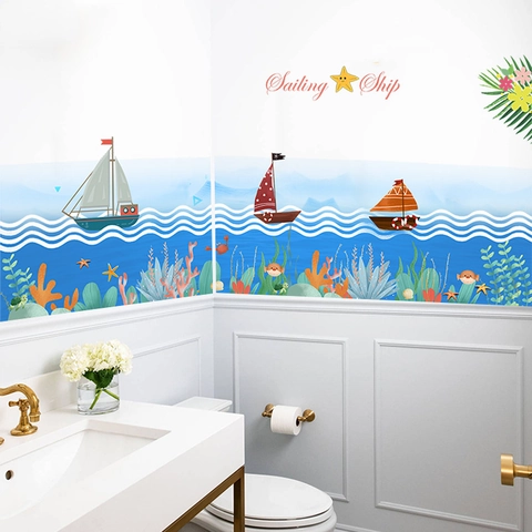Cartoon Ocean Sailing Ship Wall Stickers Waterproof PVC Sea Life Coral Fish Wall Decals For Kids Room Bathroom Home Decor