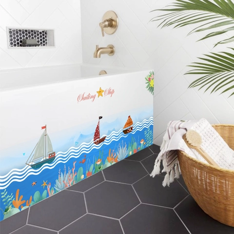 Cartoon Ocean Sailing Ship Wall Stickers Waterproof PVC Sea Life Coral Fish Wall Decals For Kids Room Bathroom Home Decor