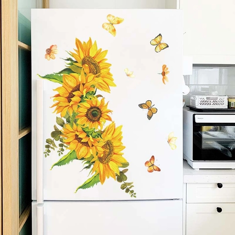 Adesivo Murale Acquerello Girasole Farfalla PVC Impermeabile Decalcomanie Floreali Per Soggiorno Camera Da Letto Cucina Frigorifero