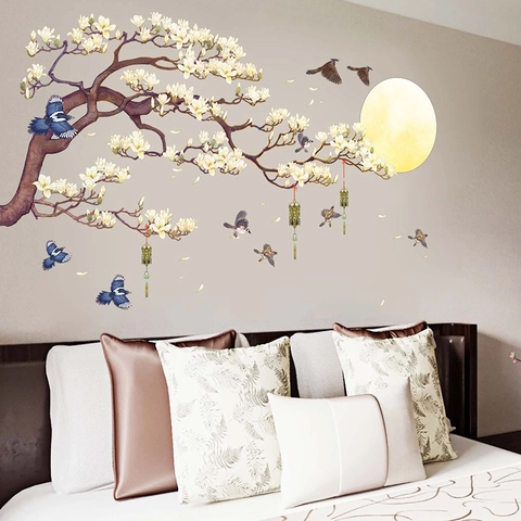 Grand Sticker Mural Style Chinois Arbre de Magnolia Oiseaux Lune Motif Amovible PVC Peinture Murale Salon Chambre Décoration Maison