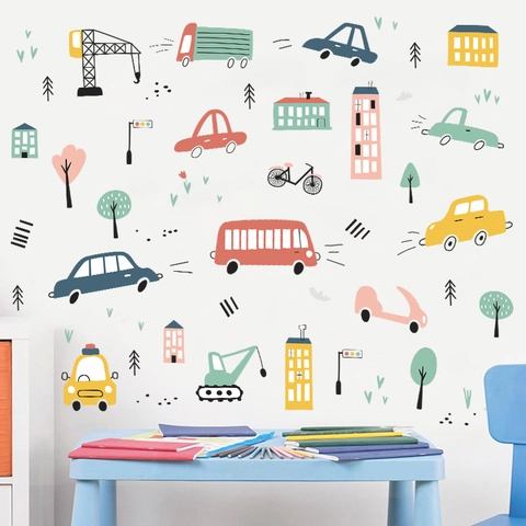 Cartoon Transport Fahrzeug Baufahrzeug Stadtgebäude Wandtattoo Für Kinderzimmer PVC Dekorative Wandaufkleber