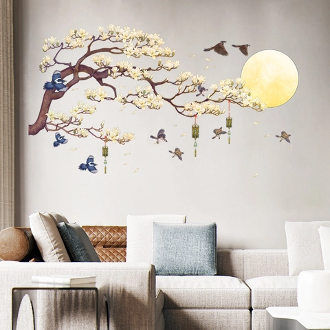 Grand Sticker Mural Style Chinois Arbre de Magnolia Oiseaux Lune Motif Amovible PVC Peinture Murale Salon Chambre Décoration Maison
