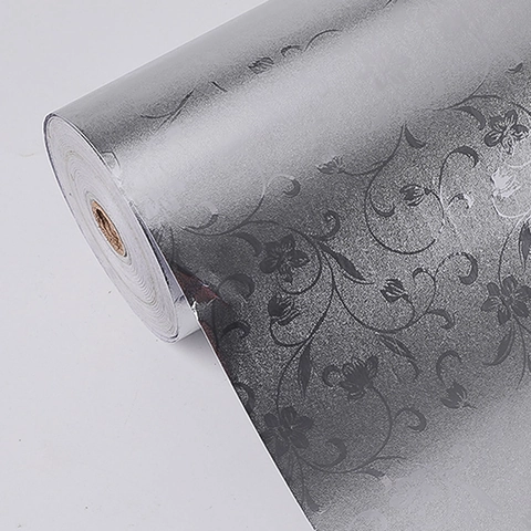 Silver Aluminum Foil Kitchen Oil-Proof Sticker Waterproof Self-Adhesive PET Wall Sticker Embossed Floral Pattern Cabinet Liner