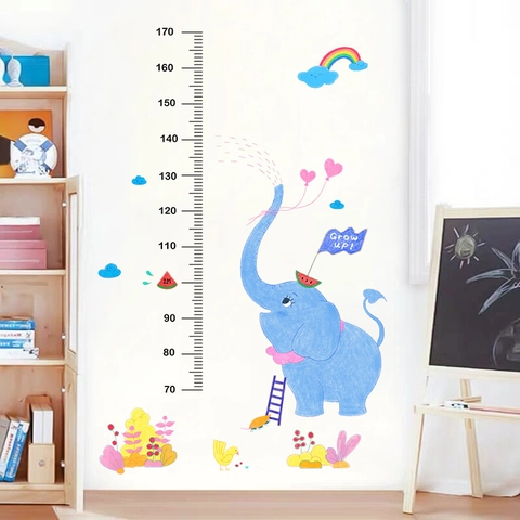 Vinilo de Pared Tabla de Crecimiento Altura Elefante Dibujos Animados Arcoíris Multicolor PVC Medida Para Decoración Cuarto Niños