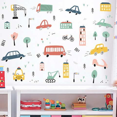 Cartoon Transport Fahrzeug Baufahrzeug Stadtgebäude Wandtattoo Für Kinderzimmer PVC Dekorative Wandaufkleber