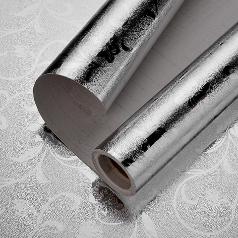 Silver Aluminum Foil Kitchen Oil-Proof Sticker Waterproof Self-Adhesive PET Wall Sticker Embossed Floral Pattern Cabinet Liner