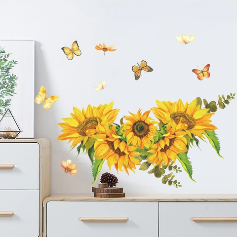 Adesivo Murale Acquerello Girasole Farfalla PVC Impermeabile Decalcomanie Floreali Per Soggiorno Camera Da Letto Cucina Frigorifero