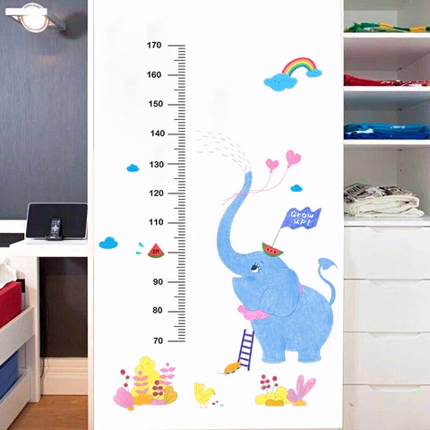 Vinilo de Pared Tabla de Crecimiento Altura Elefante Dibujos Animados Arcoíris Multicolor PVC Medida Para Decoración Cuarto Niños
