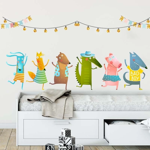 Cartoon Dancing Animals Wall Stickers For Kids Room Nursery PVC Removable Wall Decal DIY Animal Bunting Pattern Wall Decor