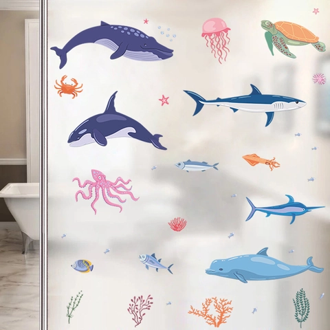 Adesivi Murali Cartoon Mondo Sottomarino Animali Marini PVC Impermeabile Squalo Balena Decalcomanie per Cameretta Bagno Decorazione