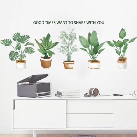 Pegatina de Pared de Plantas en Maceta Verdes Pastorales Calcomanía de Pared de PVC Removible DIY para Sala de Estar Dormitorio
