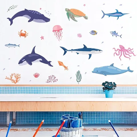 Adesivi Murali Cartoon Mondo Sottomarino Animali Marini PVC Impermeabile Squalo Balena Decalcomanie per Cameretta Bagno Decorazione