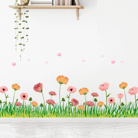Pastoral Flower Grass Skirting Line Wall Sticker Self-Adhesive PVC Floral Decal for Living Room Bedroom Home Decoration