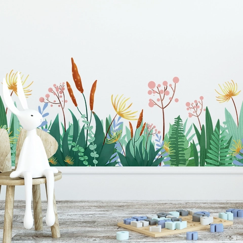 Spring Green Grass Flower Skirting Wall Sticker PVC Self-Adhesive Removable Botanical Floral Decal For Kids Room Nursery