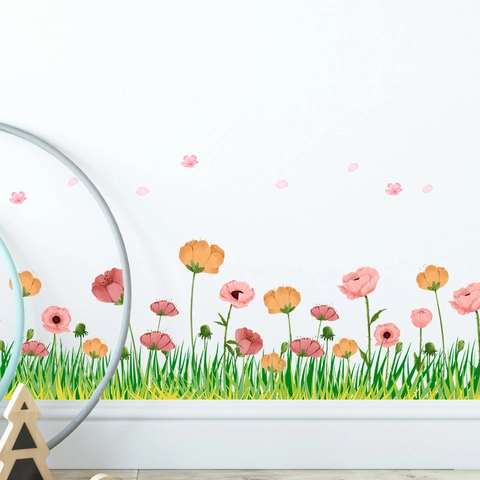 Pastoral Flower Grass Skirting Line Wall Sticker Self-Adhesive PVC Floral Decal for Living Room Bedroom Home Decoration