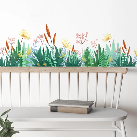 Spring Green Grass Flower Skirting Wall Sticker PVC Self-Adhesive Removable Botanical Floral Decal For Kids Room Nursery