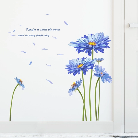 Adesivo da Parete Margherita Blu in PVC Murale Floreale Romantico Con Citazione Inglese per Soggiorno Camera da Letto Casa