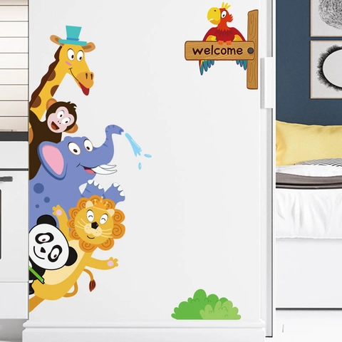 Cartoon Dieren Muursticker Voor Kinderkamer Kleuterschool Decor Verwijderbare PVC Muurschildering Met Giraf Aap Panda Welcome Bord