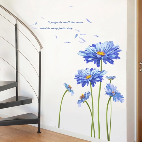 Adesivo da Parete Margherita Blu in PVC Murale Floreale Romantico Con Citazione Inglese per Soggiorno Camera da Letto Casa