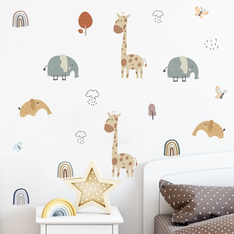 Pegatinas de Pared de Jirafa Elefante y Arco Iris para Habitación Infantil Color Morandi PVC Calcomanías de Pared Decorativas