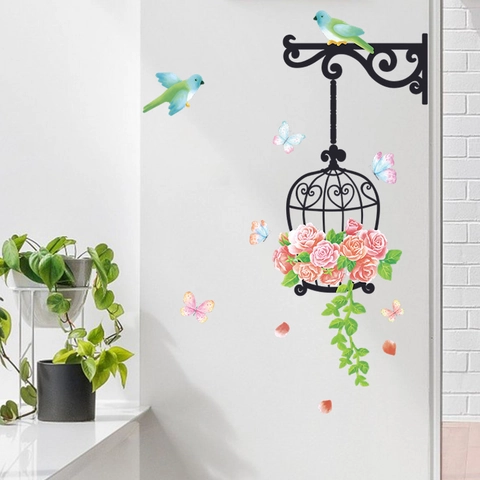 Pegatinas de Pared de Jaula de Pájaros Flores Y Pájaros PVC Autoadhesivas Decoración de Pared Para Habitación Infantil Y Guardería
