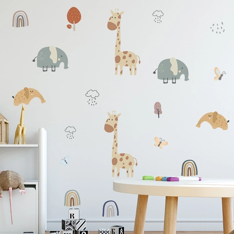 Pegatinas de Pared de Jirafa Elefante y Arco Iris para Habitación Infantil Color Morandi PVC Calcomanías de Pared Decorativas