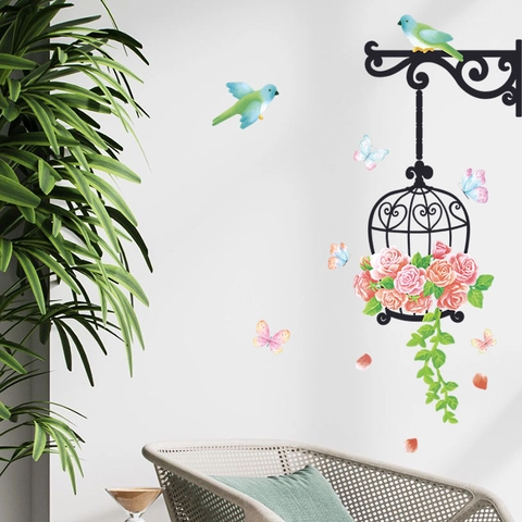 Cartoon Vogelkooi Bloemen En Vogels Muurstickers DIY PVC Zelfklevende Muursticker Voor Kinderkamer Kleuterschool Decoratie