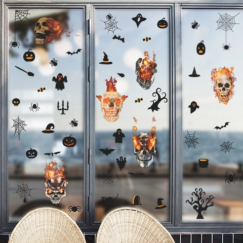 Σετ Αυτοκόλλητα Τοίχου Halloween Σκελετός Φλόγα Νυχτερίδα Αράχνη Φάντασμα Κολοκύθα Αυτοκόλλητα Παραθύρου για Διακόσμηση Πάρτι