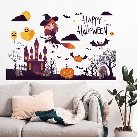 Pegatinas de Pared de Halloween Bruja Castillo Calabaza Dibujos Animados Calcomanías de PVC Removibles para Ventana Fiesta