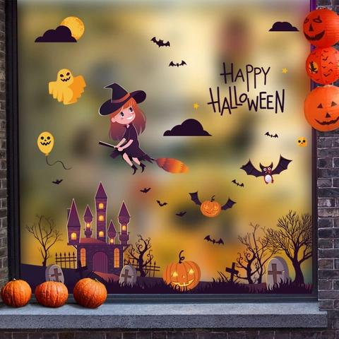 Pegatinas de Pared de Halloween Bruja Castillo Calabaza Dibujos Animados Calcomanías de PVC Removibles para Ventana Fiesta