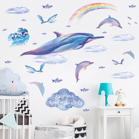 Sticker Mural Dessin Animé Dauphin Arc-en-Ciel Nuage pour Chambre d'Enfant Salle de Bain Décor Aquarelle PVC Amovible Autocollant Mural Animaux