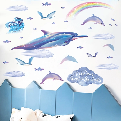 Sticker Mural Dessin Animé Dauphin Arc-en-Ciel Nuage pour Chambre d'Enfant Salle de Bain Décor Aquarelle PVC Amovible Autocollant Mural Animaux