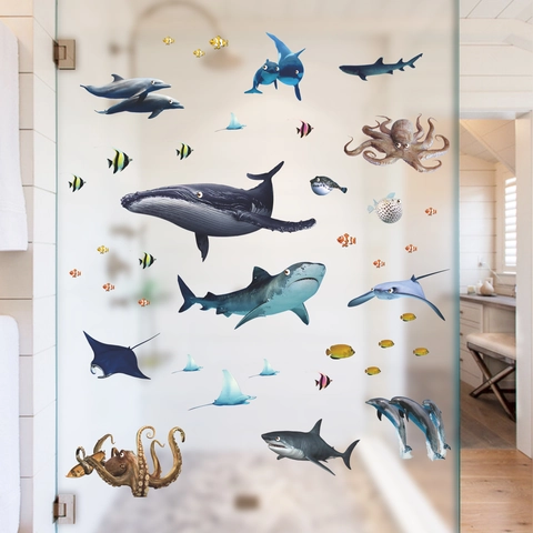 Realistische Ozeantier Wandtattoo Wasserdicht PVC Wal Hai Krake Delfin Aufkleber Für Kinderzimmer Badezimmer Dekoration
