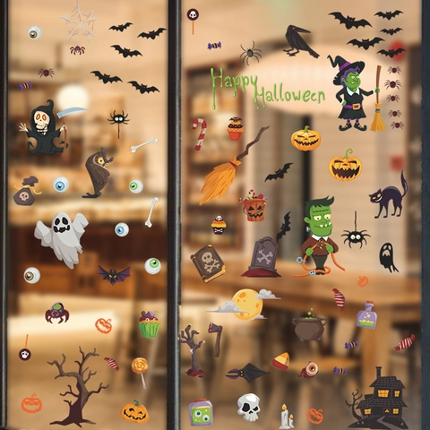 Halloween Window Clings PVC Static Stickers Cartoon Pumpkin Ghost Witch Bat Castle Decals For Glass Window Party Home Decor
