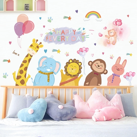 Aquarel Cartoon Dier Wandstickers Giraffe Olifant Leeuw Aap Konijn Regenboog Kinderkamer Decor Verwijderbare Muurstickers Kids Room Art