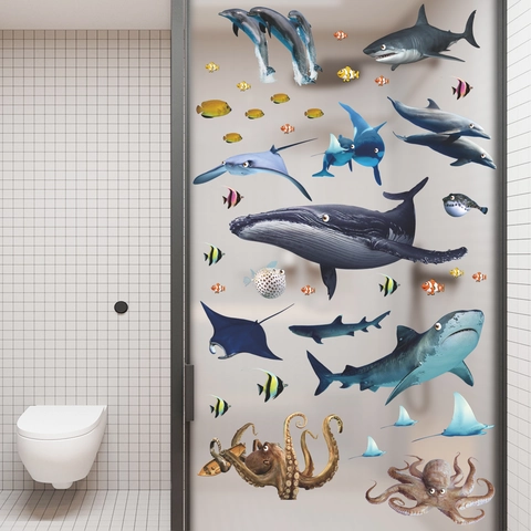 Realistische Ozeantier Wandtattoo Wasserdicht PVC Wal Hai Krake Delfin Aufkleber Für Kinderzimmer Badezimmer Dekoration