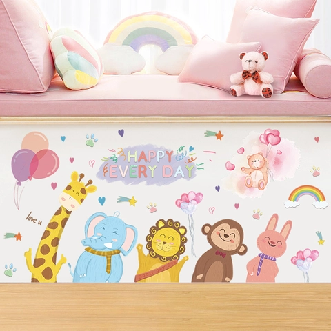 Aquarel Cartoon Dier Wandstickers Giraffe Olifant Leeuw Aap Konijn Regenboog Kinderkamer Decor Verwijderbare Muurstickers Kids Room Art