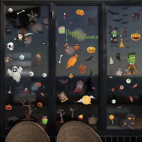 Halloween Window Clings PVC Static Stickers Cartoon Pumpkin Ghost Witch Bat Castle Decals For Glass Window Party Home Decor
