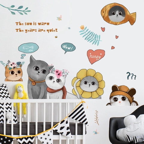 Adesivi Murali Gatto Cartone Animato Disegnati a Mano in PVC Removibile Fai da Te Decalcomanie Animali per Cameretta Bambini Asilo Nido Casa
