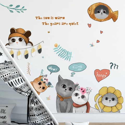 Adesivi Murali Gatto Cartone Animato Disegnati a Mano in PVC Removibile Fai da Te Decalcomanie Animali per Cameretta Bambini Asilo Nido Casa
